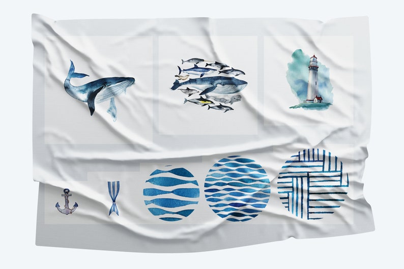 May include: A white fabric with blue and white nautical themed designs. The designs include a whale, a lighthouse, a school of fish, an anchor, a striped rope, and two circles with wavy lines.