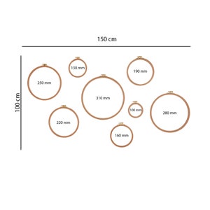 May include: A set of 8 wooden embroidery hoops in various sizes, ranging from 4 inches to 12.2 inches in diameter. The hoops are arranged on a white background.