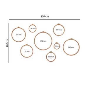May include: A set of eight embroidery hoops of varying sizes, ranging from 130 mm to 310 mm in diameter. The hoops are made of natural wood and have a light brown colour.