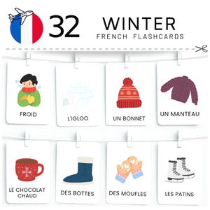 Flashcards de vocabulaire de l'hiver en français : 32 cartes d'apprentissage imprimables (téléchargement numérique)