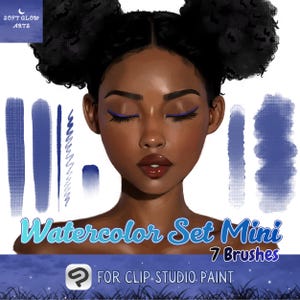 Puede incluir: Una ilustración digital de una persona de piel oscura y cabello negro en dos moños, con delineador de ojos azul. La imagen muestra siete trazos de pincel de acuarela azules y el texto "Watercolor Set Mini 7 Brushes" y "FOR CLIP STUDIO PAINT" de SOFT GLOW ARTS.