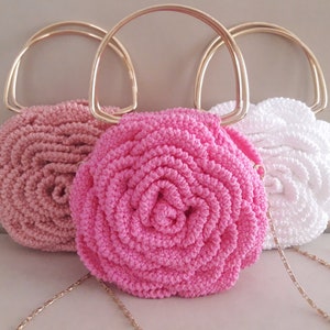 Crochet Rose Purse,Pink Rose Bag,Flower Bag,Handmade Design Bags,Evening Bag,Mini Pouch,Luxury Handbag,Trendy Tote Bag,3D Rose Flower Bag image 1