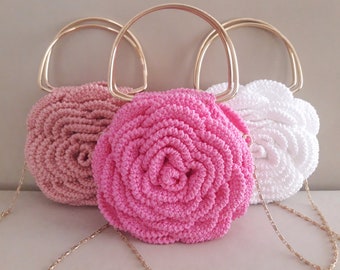 Crochet Rose Purse,Pink Rose Bag,Flower Bag,Handmade Design Bags,Evening Bag,Mini Pouch,Luxury Handbag,Trendy Tote Bag,3D Rose Flower Bag