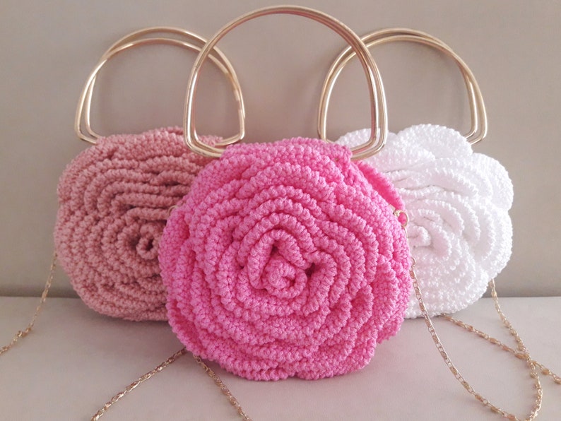 Crochet Rose Purse,Pink Rose Bag,Flower Bag,Handmade Design Bags,Evening Bag,Mini Pouch,Luxury Handbag,Trendy Tote Bag,3D Rose Flower Bag image 1