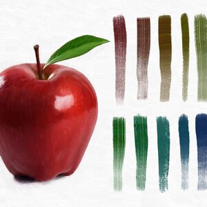 May include: A red apple with a green leaf on a white background. There are 12 vertical brushstrokes in different shades of brown, green, blue, and purple.