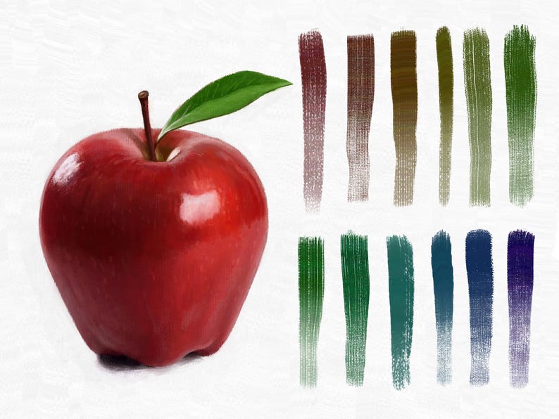 May include: A red apple with a green leaf on a white background. There are 12 vertical brushstrokes in different shades of brown, green, blue, and purple.