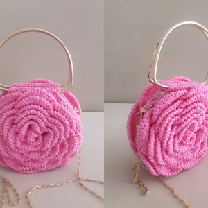 Crochet Rose Purse,Pink Rose Bag,Flower Bag,Handmade Design Bags,Evening Bag,Mini Pouch,Luxury Handbag,Trendy Tote Bag,3D Rose Flower Bag Hot Pink