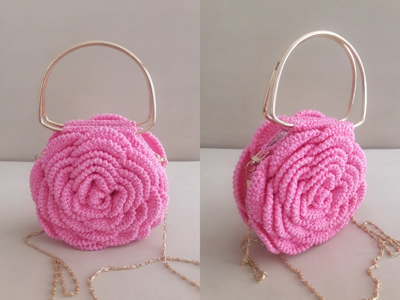 Crochet Rose Purse,Pink Rose Bag,Flower Bag,Handmade Design Bags,Evening Bag,Mini Pouch,Luxury Handbag,Trendy Tote Bag,3D Rose Flower Bag Hot Pink