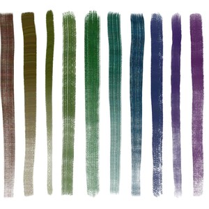May include: A set of 12 vertical brushstrokes in various shades of red, brown, green, blue, and purple. The brushstrokes are painted on a white background.