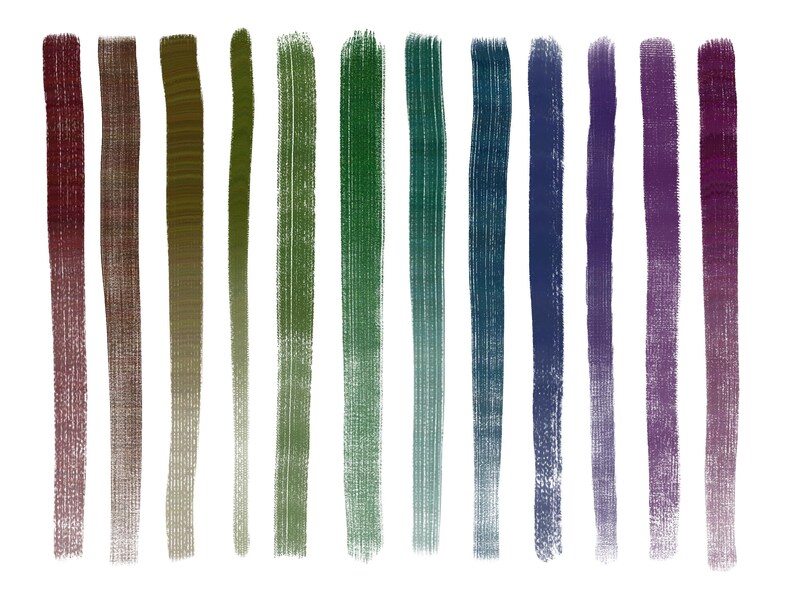 May include: A set of 12 vertical brushstrokes in various shades of red, brown, green, blue, and purple. The brushstrokes are painted on a white background.