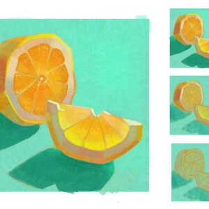 May include: A painting of a sliced orange on a turquoise background. The orange is cut into two pieces, one larger than the other. The larger piece is on the left and the smaller piece is on the right. The smaller piece is slightly overlapping the larger piece. The orange is a bright yellow color with a hint of orange. The background is a light turquoise color.
