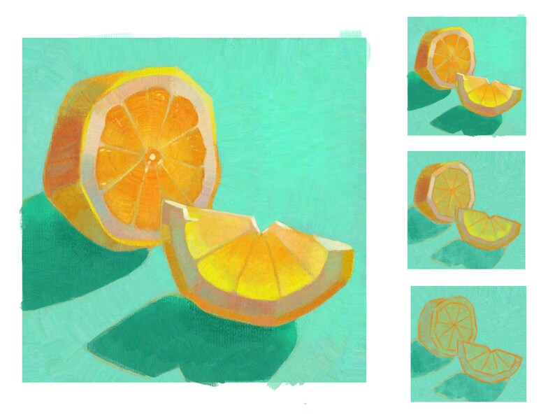 May include: A painting of a sliced orange on a turquoise background. The orange is cut into two pieces, one larger than the other. The larger piece is on the left and the smaller piece is on the right. The smaller piece is slightly overlapping the larger piece. The orange is a bright yellow color with a hint of orange. The background is a light turquoise color.