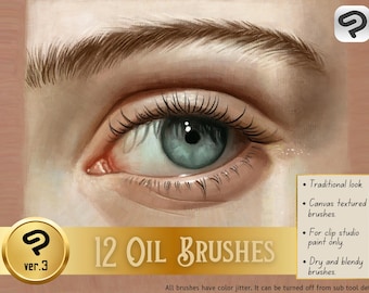 May include: A close-up of a woman's eye with a soft, textured look. The image is used to promote a set of 12 oil brushes for digital painting. The text on the image reads "12 Oil Brushes" and "ver.3".