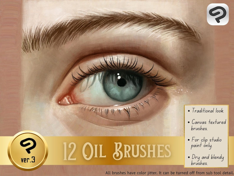 May include: A close-up of a woman's eye with a soft, textured look. The image is used to promote a set of 12 oil brushes for digital painting. The text on the image reads "12 Oil Brushes" and "ver.3".