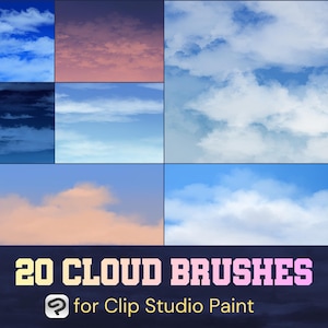 May include: A digital art graphic featuring various cloud formations against blue skies. The image is divided into sections, showcasing different cloud types and colors. Text at the bottom reads "20 CLOUD BRUSHES for Clip Studio Paint."