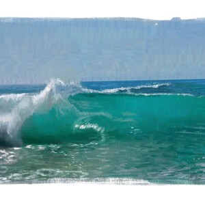 May include: A painting of a large, turquoise wave crashing in the ocean. The sky is a light blue and the water is a deep turquoise.