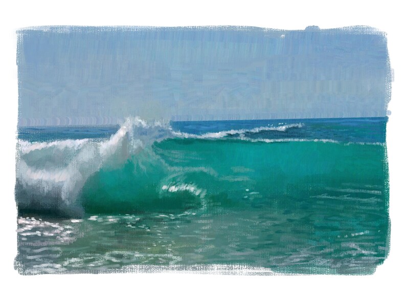 May include: A painting of a large, turquoise wave crashing in the ocean. The sky is a light blue and the water is a deep turquoise.