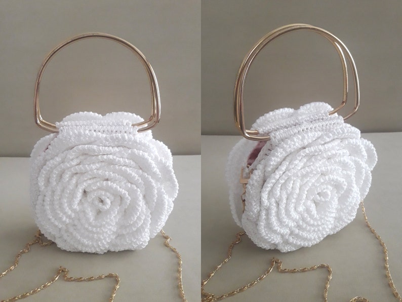 Crochet Rose Purse,Pink Rose Bag,Flower Bag,Handmade Design Bags,Evening Bag,Mini Pouch,Luxury Handbag,Trendy Tote Bag,3D Rose Flower Bag White