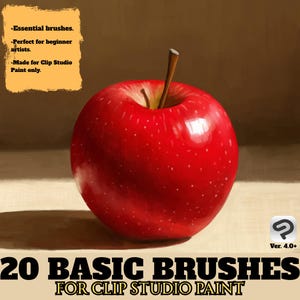 May include: A vibrant red apple with a brown stem and white speckles. The image includes text that reads "20 Basic Brushes for Clip Studio Paint" and "Essential brushes. Perfect for beginner artists. Made for Clip Studio Paint only."
