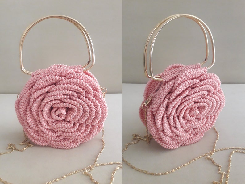 Crochet Rose Purse,Pink Rose Bag,Flower Bag,Handmade Design Bags,Evening Bag,Mini Pouch,Luxury Handbag,Trendy Tote Bag,3D Rose Flower Bag Rose Pink