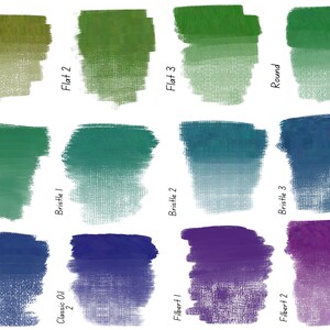 May include: A comparison of different paint brush shapes and sizes, including flat, round, bristle, and filbert. The brushes are shown with a gradient of green, blue, and purple paint.