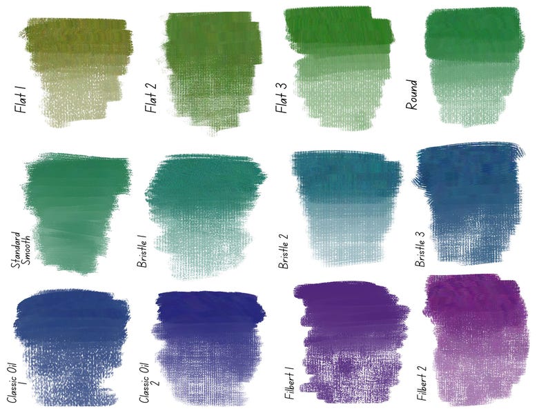 May include: A comparison of different paint brush shapes and sizes, including flat, round, bristle, and filbert. The brushes are shown with a gradient of green, blue, and purple paint.