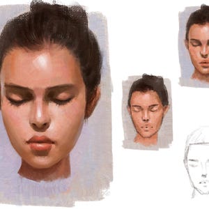 May include: A painting of a woman's face with her eyes closed. The painting is done in a realistic style and shows the woman's features in detail. The woman has dark hair and a light complexion.