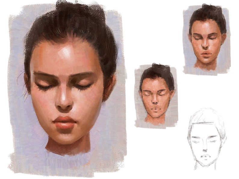 May include: A painting of a woman's face with her eyes closed. The painting is done in a realistic style and shows the woman's features in detail. The woman has dark hair and a light complexion.