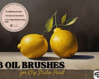 May include: Eight oil brushes for Clip Studio Paint. The brushes are designed to create a traditional look with textured strokes. The image shows two lemons on a table.