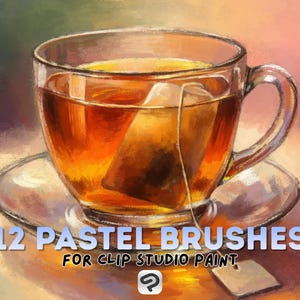 May include: A digital illustration of a clear glass teacup filled with amber-colored tea, a tea bag steeping inside. The cup sits on a matching saucer. Text on the image reads "12 Pastel Brushes for Clip Studio Paint."