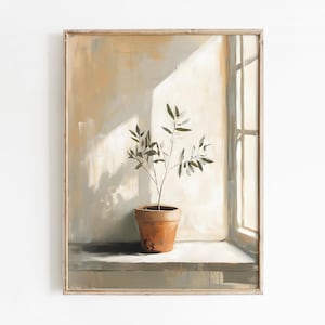 Pintura de natureza morta de oliveira, arte de parede, Mediterrâneo orgânico moderno, pintura de oliveira em vaso, ARTE PARA IMPRIMIR, Botânica digital vintage