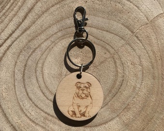 British Bulldog Round Wooden Keyring, Dog Key Chain, Dog Gift, Dog Christmas Stocking Filler Gift, Old English Bulldog
