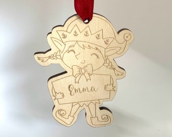 Personalised Christmas Elf Girl Wood Hanging Decoration, Christmas Tree Ornament, Xmas Gift, Custom Elves Bauble,