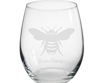 Personalised Bee Engraved Stemless Glass, Bee Gift, Bee Glass, Beekeeper Gifts, Bee lover
