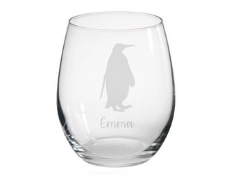 Personalised Penguin Engraved Stemless Glass, Penguin Gift, Penguin Glass, Penguin Gifts, Penguin lover