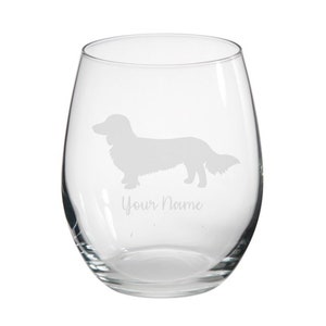 Personalised Longhaired Dachshund Engraved Stemless Glass, Sausage Dog gift, Dog Gift, Wine Glass, Dog Glass, Sausage Dog Gin, dog gin,