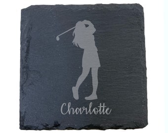 Personalised Female Golf Player Engraved Slate Coaster Glass, Golf Gift, Golf Gin Glass, Golf lover