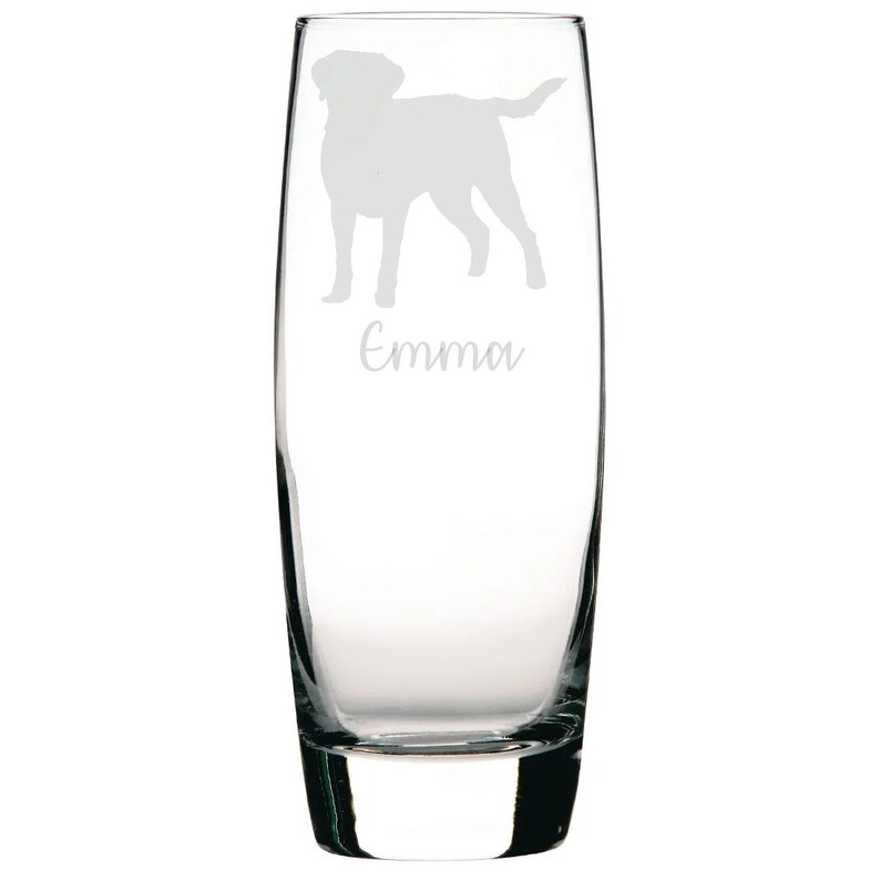 May include: A clear glass champagne flute with an etched silhouette of a dog and the name "Emma" on the side.