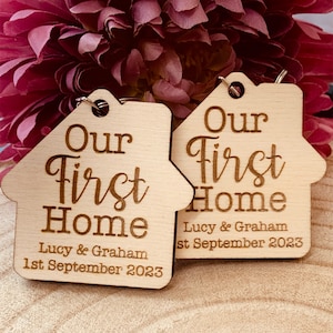 2x Our First Home Personalised Couples Keyring, Moving Gift, House Warming, New Home Keyrings, Homeowner, Wooden Gift, New House, Keychain