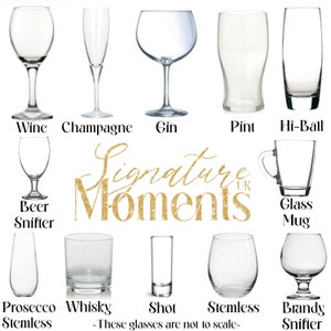 May include: A diagram showing different types of glassware, including wine, champagne, gin, pint, hi-ball, beer snifter, glass mug, prosecco, whiskey, shot, stemless, and brandy snifter. The text "Signature Moments" is in the center of the image.