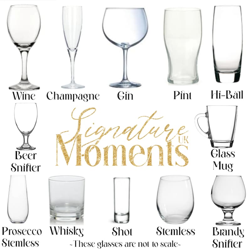 May include: A diagram showing different types of glassware, including wine, champagne, gin, pint, hi-ball, beer snifter, glass mug, prosecco, whiskey, shot, stemless, and brandy snifter. The text "Signature Moments" is in the center of the image.