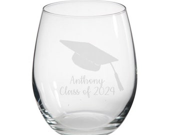 Personalised Graduation Engraved Stemless Glass, Graduation Gift, Graduation Glass, Graduation Gifts, Class of 2024, Masters. PhD