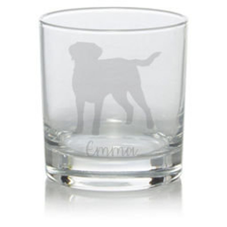 May include: A clear glass tumbler with an etched silhouette of a dog and the name "Emma" at the bottom.
