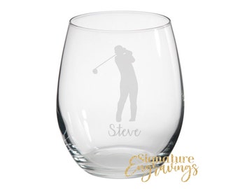 Personalised Male Golf Player Engraved Stemless Glass, Golf Gift, Golf Gin Glass, Golf lover