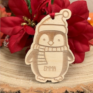 Personalised Penguin Wood Hanging Decoration, Christmas Tree Ornament, Xmas Gift, Custom Penguin Bauble, Penguin Gift