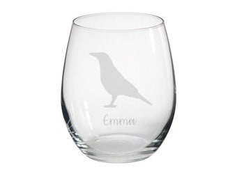 Personalised Crow Engraved Stemless Glass, Crow Gift,  Crow Glass, Crow Gifts, Crow lover