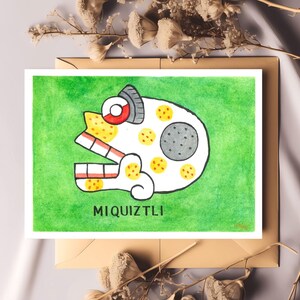 Aquarellillustration der Nahuatl-Glyphe MIQUIZTLI (Tod). Original mexikanische Kunst. Totenkopf Dekoration