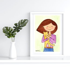 Niña con su gato. Acuarela original en papel. Girl with her cat. Original watercolour.