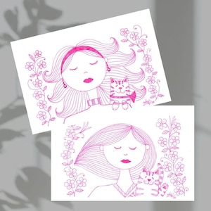 Ensemble de 2 cartes postales. Dessins originaux au stylo plume sur papier. Filles avec des chats (encre rose)