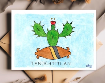 Glyph to represent the Nahuatl place name TENOCHTITLAN. Watercolor.